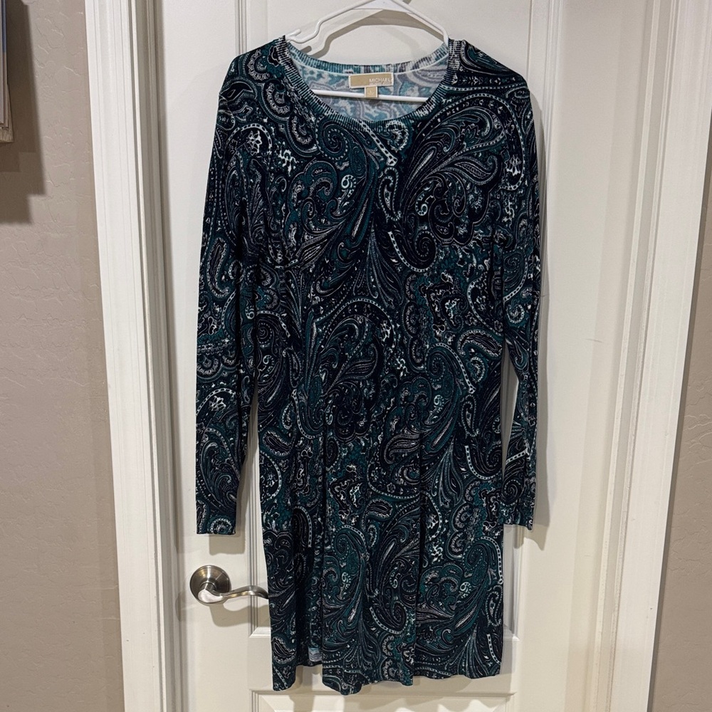Michael Kors Teal and Black Paisley Long Sleeve Dress